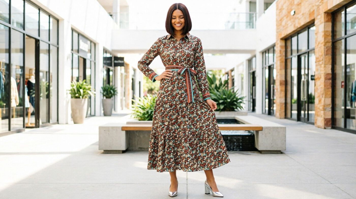 A Line Maxi Dress Long Sleeve Printed Waist Slimming Casual Style for Women