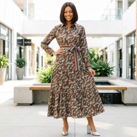 a line maxi dress long sleeve printed waist slimming casual style for women