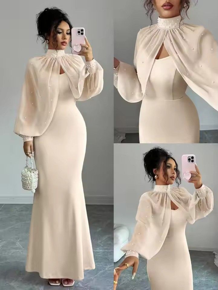 Elegant Mermaid Gown with Beaded Sheer Capelet Bodycon Slip Dress