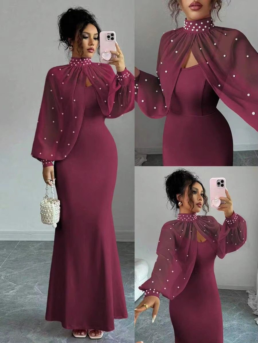 Elegant Mermaid Gown with Beaded Sheer Capelet Bodycon Slip Dress
