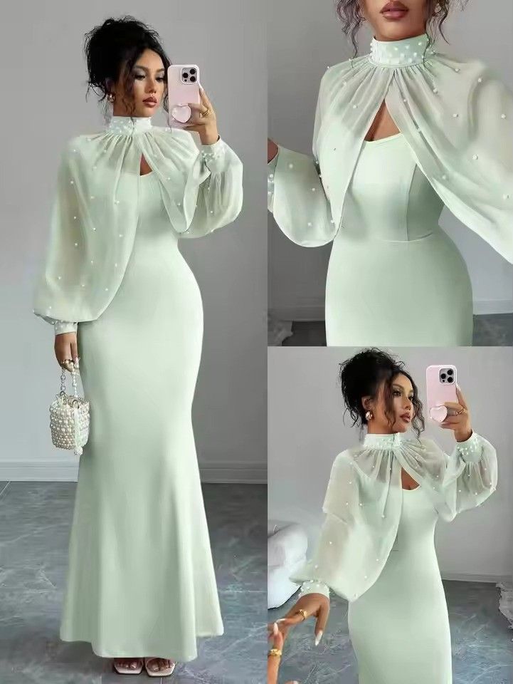 Elegant Mermaid Gown with Beaded Sheer Capelet Bodycon Slip Dress