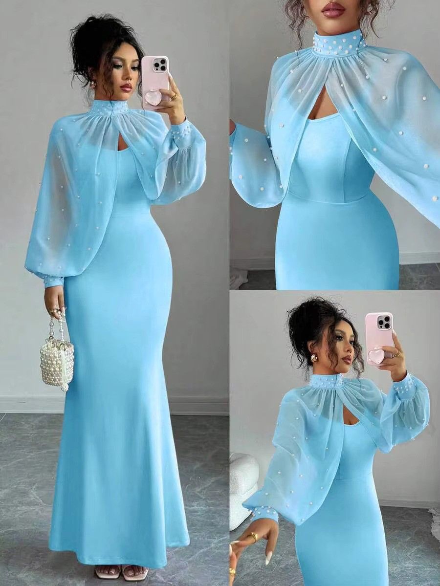 Elegant Mermaid Gown with Beaded Sheer Capelet Bodycon Slip Dress