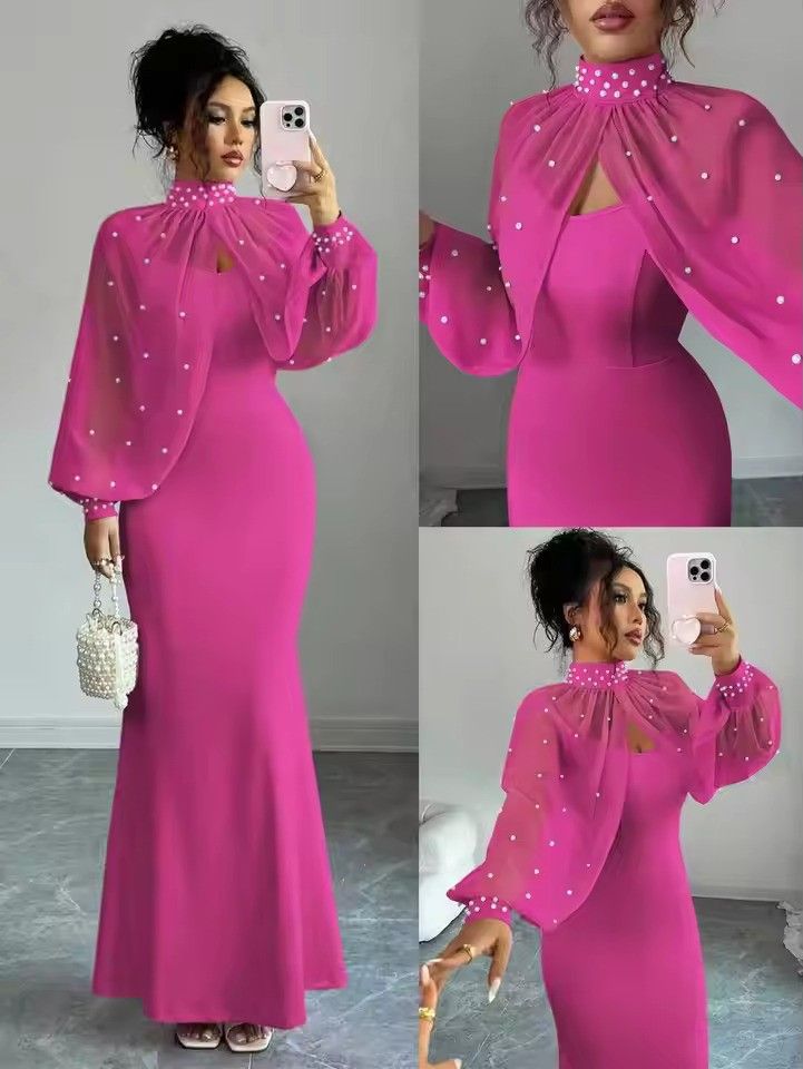 Elegant Mermaid Gown with Beaded Sheer Capelet Bodycon Slip Dress