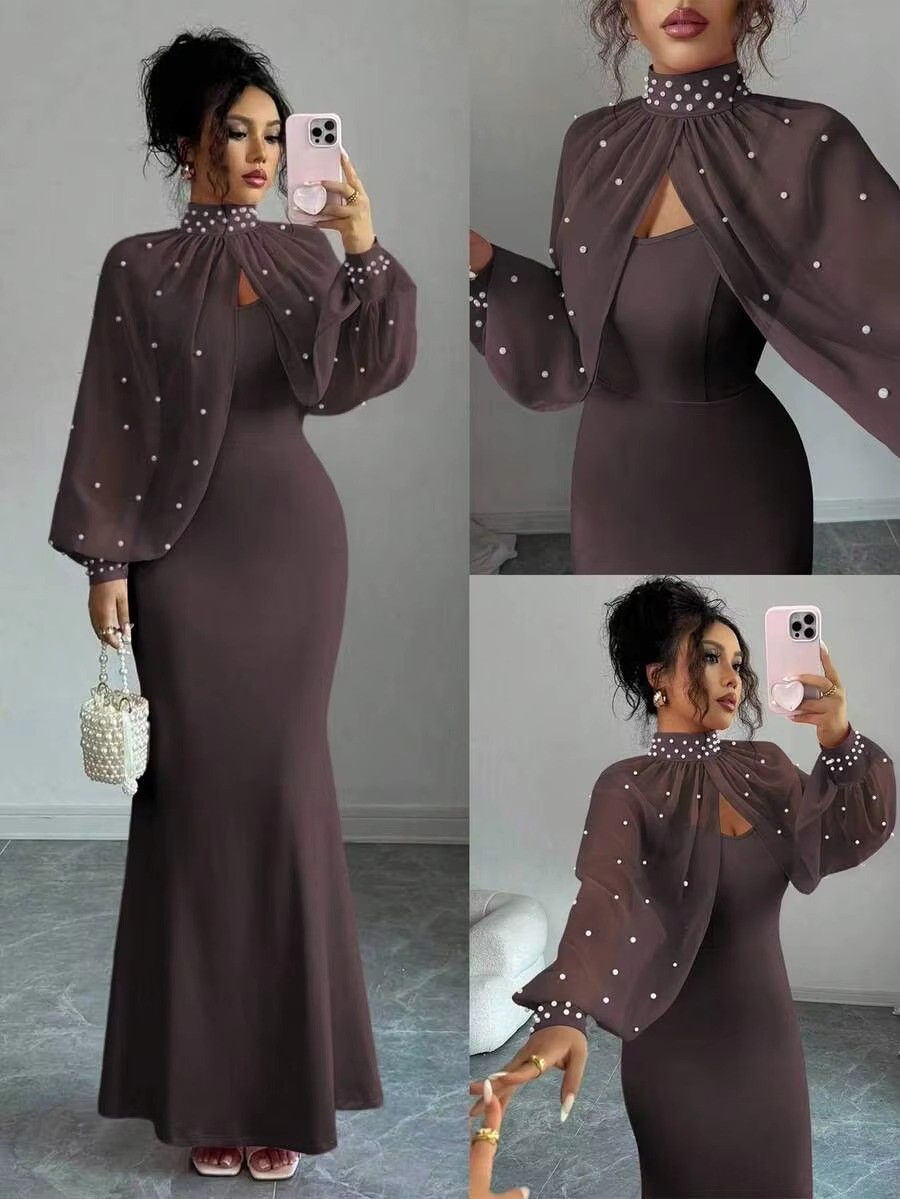 Elegant Mermaid Gown with Beaded Sheer Capelet Bodycon Slip Dress