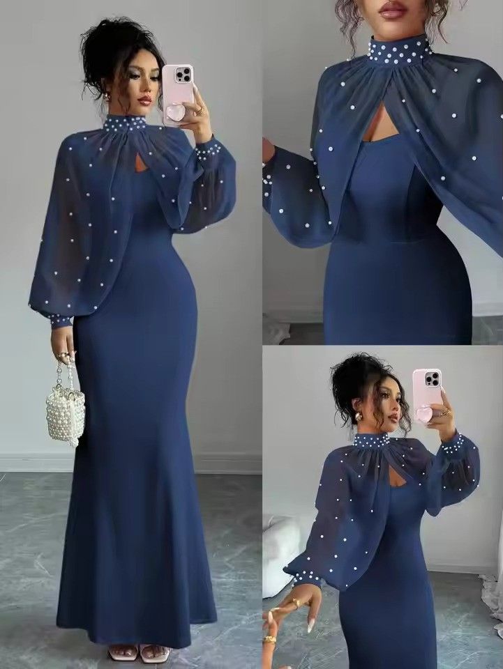 Elegant Mermaid Gown with Beaded Sheer Capelet Bodycon Slip Dress