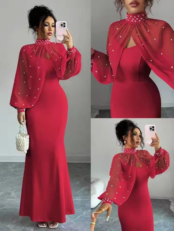 Elegant Mermaid Gown with Beaded Sheer Capelet Bodycon Slip Dress