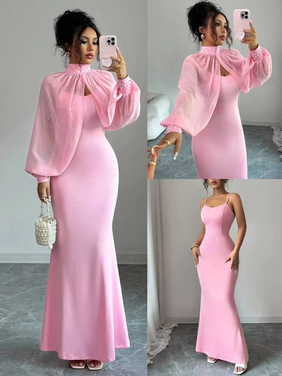 Elegant Mermaid Gown with Beaded Sheer Capelet Bodycon Slip Dress