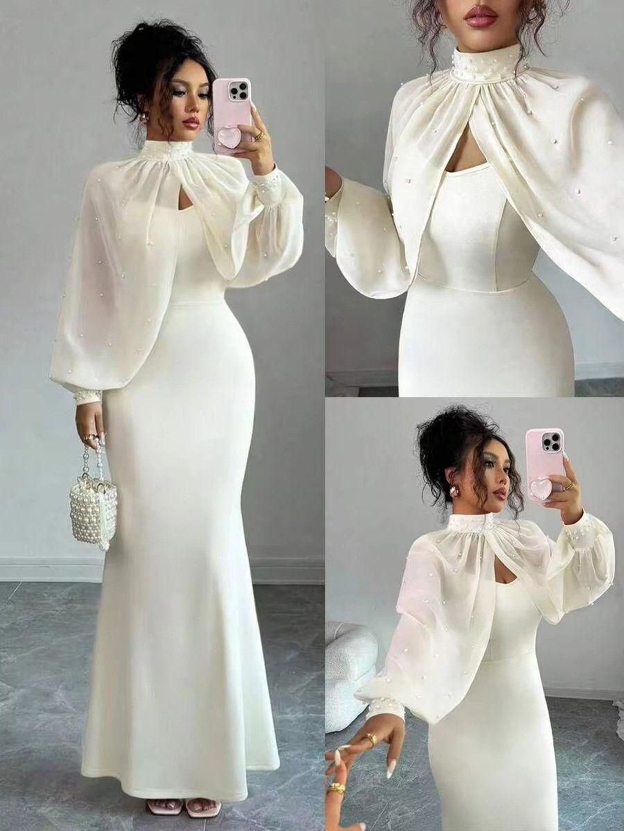 Elegant Mermaid Gown with Beaded Sheer Capelet Bodycon Slip Dress