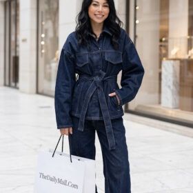 1990's outfit women's denim jacket belted jeans set