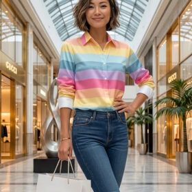satin blouse pastel striped lapel collar long sleeve