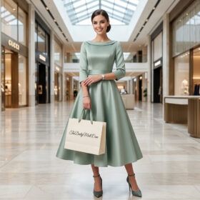 luxury satin cloth dress o-neck long sleeve a-line